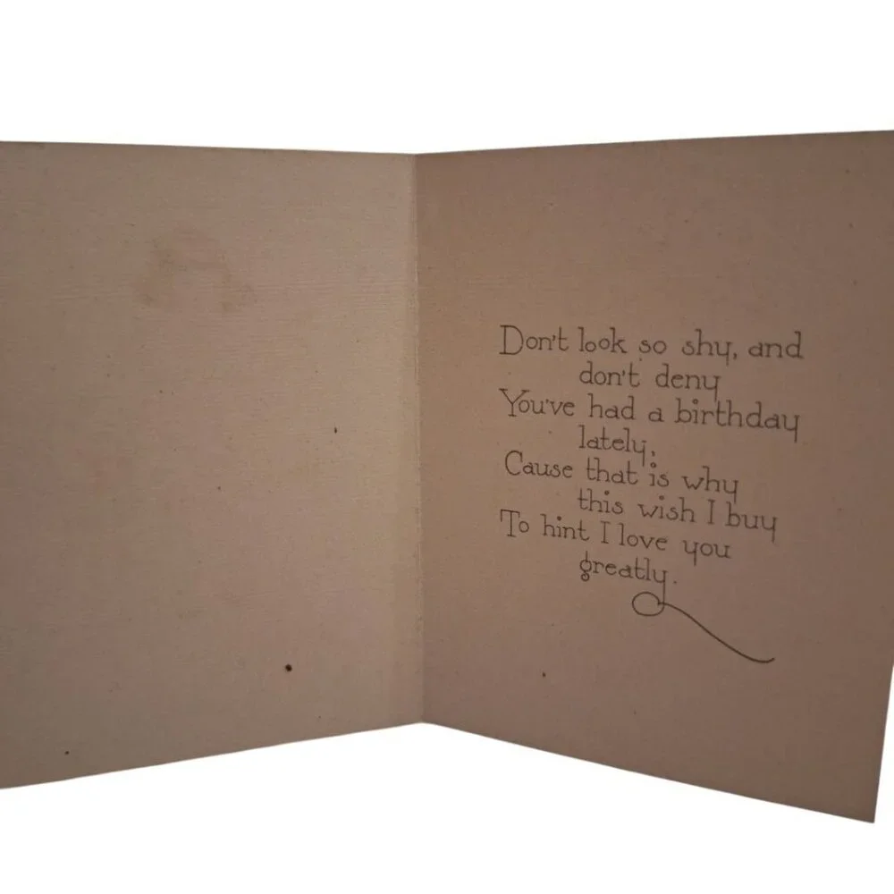 Happy Birthday Card Small Vintage Shy Love 3x4‎ 1950s Blank Girl Flowers Dress